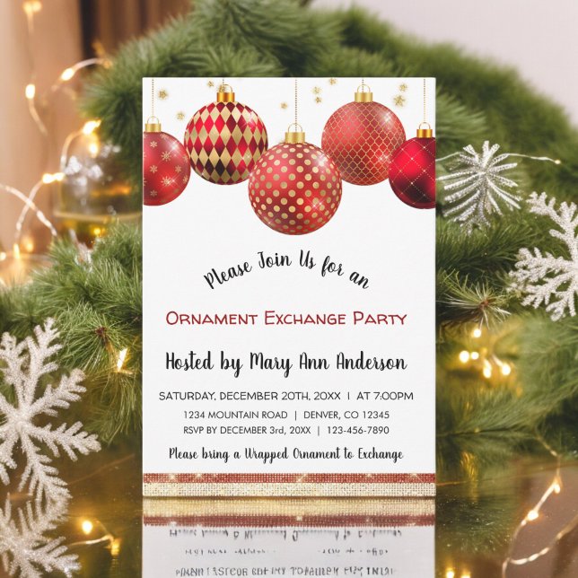 Cute Red & Gold Sparkle Ornament Exchange Party Invitation (Creator Uploaded)