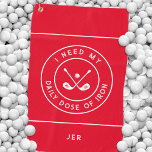 Cute Red Golfer Humour Golf Iron Sports Equipment Golf Towel<br><div class="desc">Funny custom design features crossed golf irons with golf ball bordered with curved text "I NEED MY DAILY DOSE OF IRON!" in a fun modern white font accented with two white circular borders and two white stripes. You will also find a simple-to-use template for a monogrammed name, initials, or custom...</div>