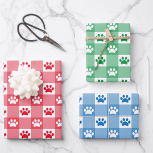 Cute Red Green Blue Gingham Paw Print Pattern Wrapping Paper Sheet