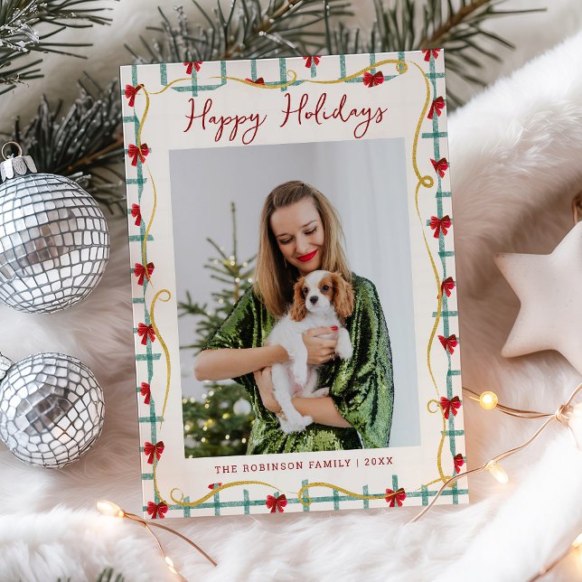 Cute Red Green Bow Pattern Happy Holidays 1 Photo Holiday Card (Creator Uploaded)