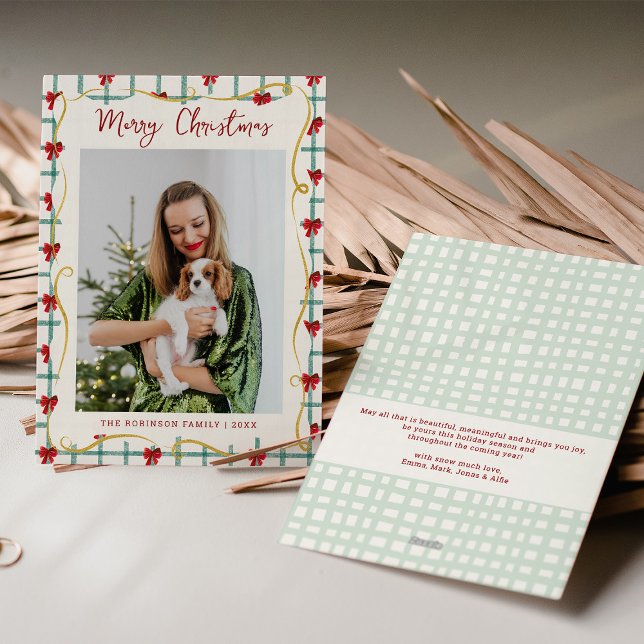 Cute Red Green Bow Pattern Merry Christmas 1 Photo Holiday Card (Creator Uploaded)