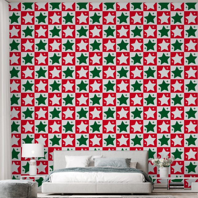Cute Red Green Christmas Stars Pattern Wallpaper (Bedroom)
