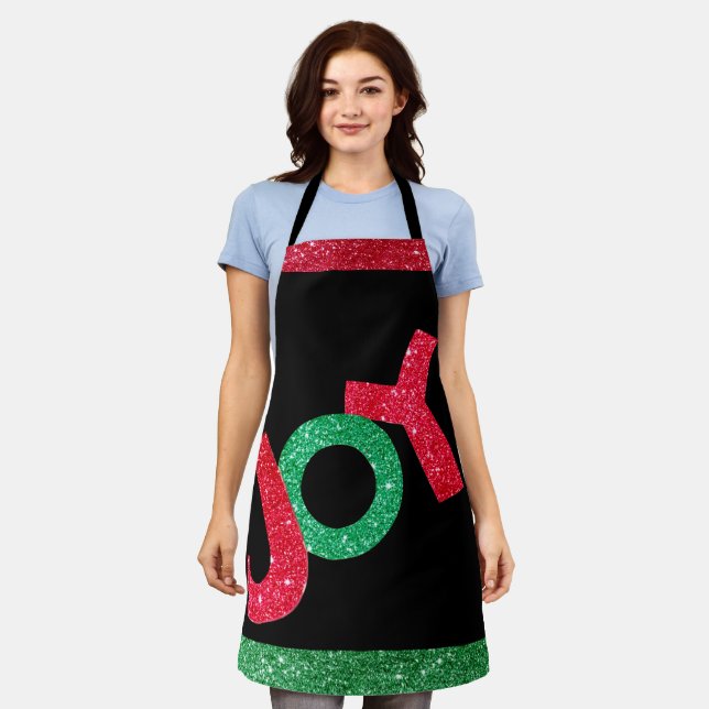 Cute Red Green Glitter Christmas Joy Apron (Worn)