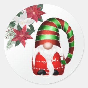 Cute Red Green Gnome Poinsettia Christmas Classic Round Sticker