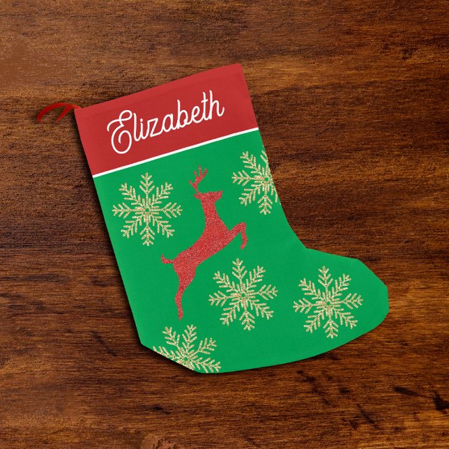 Cute Red Green Gold Reindeer Snowflake Glitter Small Christmas Stocking (Creator Uploaded)