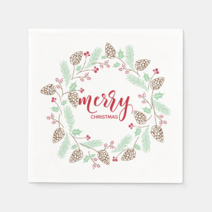 Cute Red & Green Holly and Pine Christmas Wreath Napkin