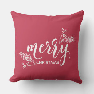 Cute Red & Green Merry Christmas Pine & Holly Cushion
