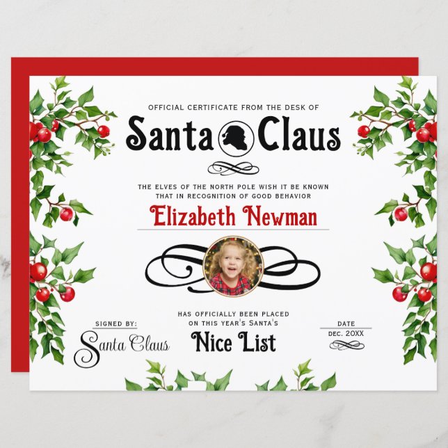 Cute Red Green Naughty Nice List Photo Certificate (Front/Back)