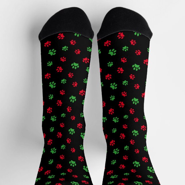 Cute Red Green Pet Paw Prints Pattern Socks (Top)