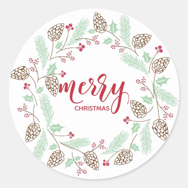 Cute Red & Green Pine and Holly Christmas Classic Round Sticker (Front)