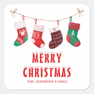 Cute Red Green Stocking Christmas Square Sticker