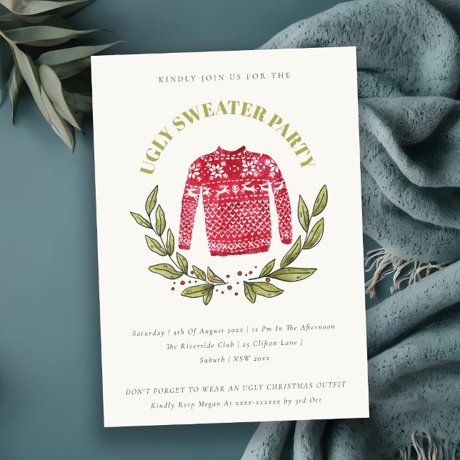 Cute Red Green Ugly Sweater Christmas Party Invite (Creator Uploaded)