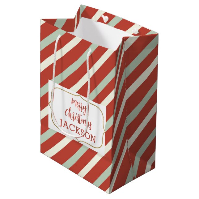 Cute Red, Green, White Candy Stripe Christmas Name Medium Gift Bag (Front Angled)