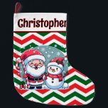 Cute red, Green, White Chevron Santa And Snowman Large Christmas Stocking<br><div class="desc">Cute Christmas stocking with a red, green and white chevron pattern on the front and back. In a white band at the top of the stocking is a template in black text on the front to add a name and a template on the back to add your Christmas message. On...</div>