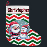 Cute red, Green, White Chevron Santa And Snowman Large Christmas Stocking<br><div class="desc">Cute Christmas stocking with a red, green and white chevron pattern on the front and back. In a white band at the top of the stocking is a template in black text on the front to add a name and a template on the back to add your Christmas message. On...</div>