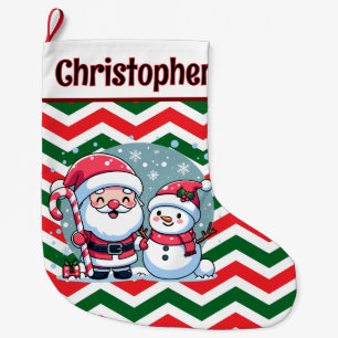 Cute red, Green, White Chevron Santa And Snowman Large Christmas Stocking