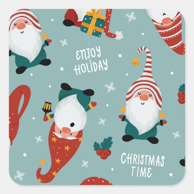 Cute Red Green Yellow Elf Gnome Christmas Pattern  Square Sticker (Front)