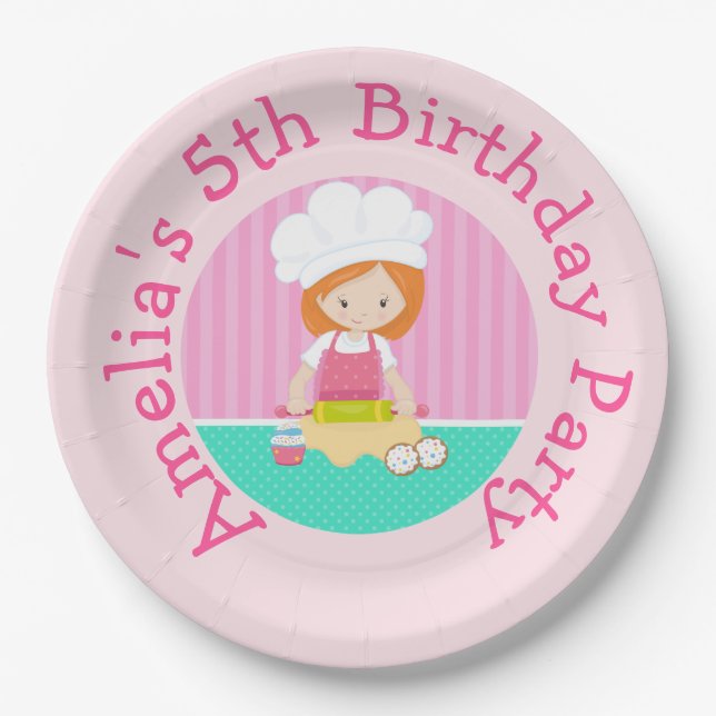Cute Red Hair Girl Baking Birthday Party Paper Plate (Front)