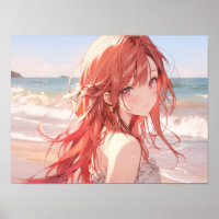 Cute red haired anime girl on the beach