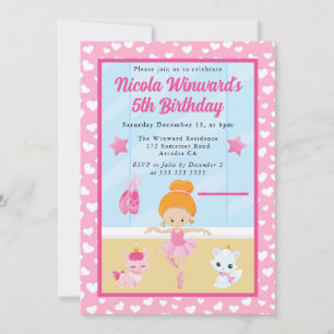 Cute Red Haired Ballerina Kids Birthday  Invitation