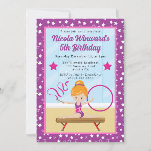 Cute Red Haired Girl Gymnast  Kids Birthday  Invitation