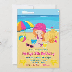 Cute Red Haired Girl Summer Beach Birthday Invitation