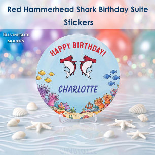 Cute Red Hammerhead Shark Ocean Birthday Favour Classic Round Sticker