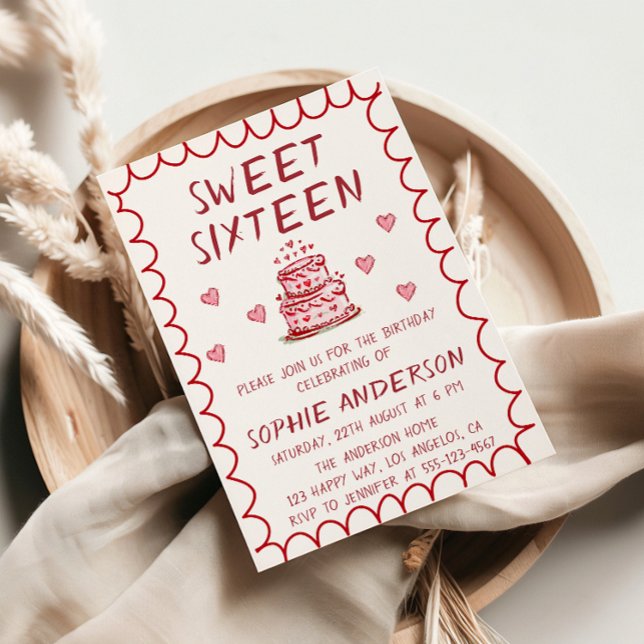 Cute Red Hand Drawn Cake & Hearts 16th Birthday Invitation (Creator Uploaded)