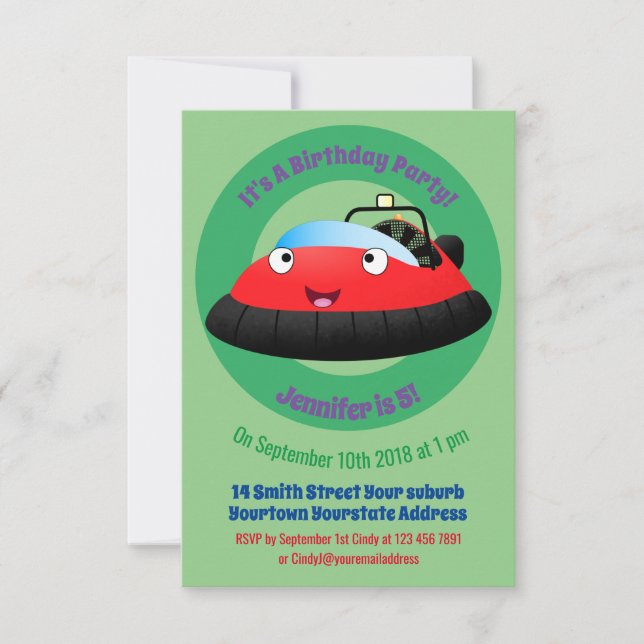 Cute red happy hovercraft cartoon invitation (Front)
