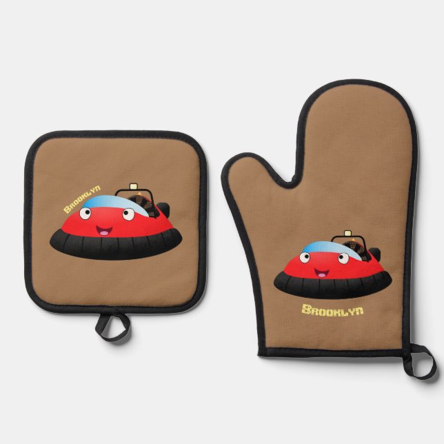 Cute red happy hovercraft cartoon oven mitt & pot holder set (Front)