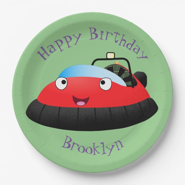 Cute red happy hovercraft cartoon paper plate (Front)