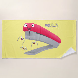 Cute red happy stapler cartoon illustration beach towel