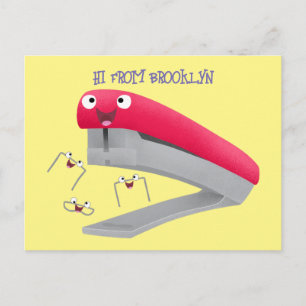 Cute red happy stapler cartoon illustration  postcard