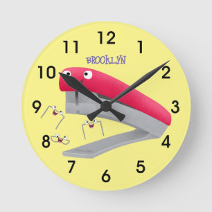 Cute red happy stapler cartoon illustration  round clock