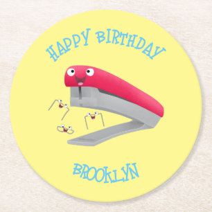 Cute red happy stapler cartoon illustration  round paper coaster
