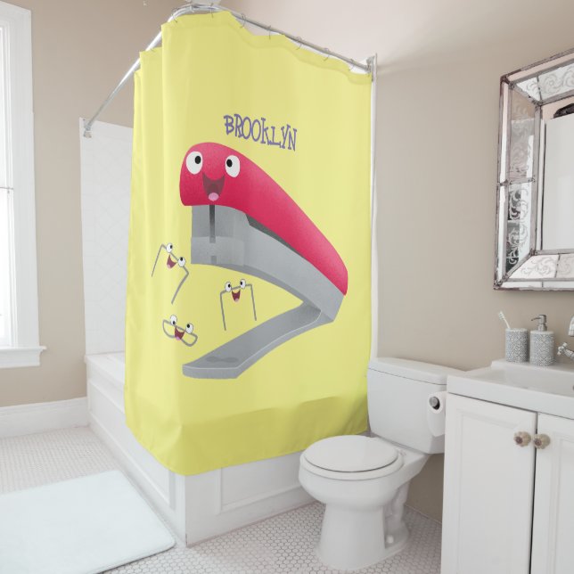 Cute red happy stapler cartoon illustration shower curtain (In Situ)