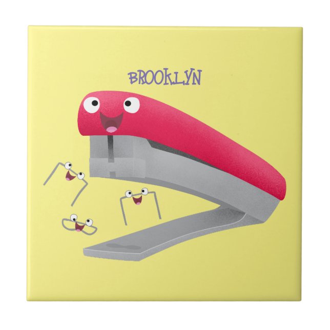 Cute red happy stapler cartoon illustration  tile (Front)