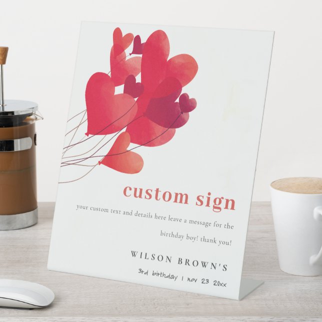 Cute Red Heart Balloons Birthday Custom Party Pedestal Sign (In SItu)