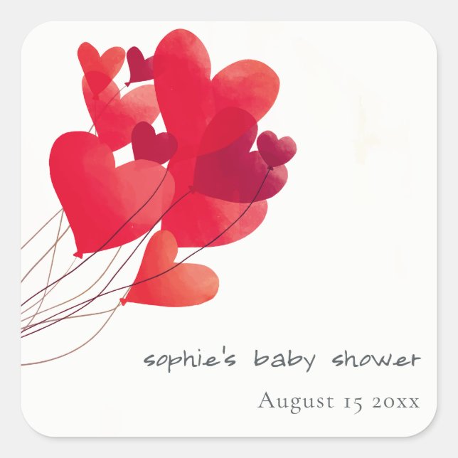 Cute Red Heart Balloons Sweetheart Baby Shower Square Sticker (Front)