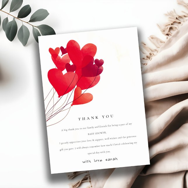 Cute Red Heart Balloons Sweetheart Baby Shower Thank You Card (Creator Uploaded)