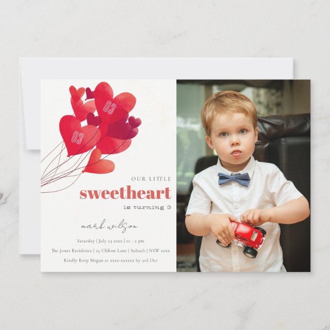 Cute Red Heart Balloons Sweetheart Photo Birthday Invitation (Front)