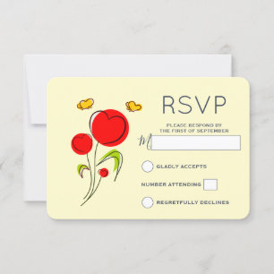 Cute Red Heart Flowers and Yellow Butterflies RSVP Card