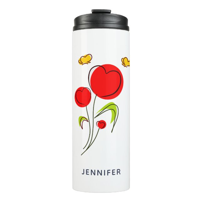 Cute Red Heart Flowers and Yellow Butterflies Thermal Tumbler (Front)