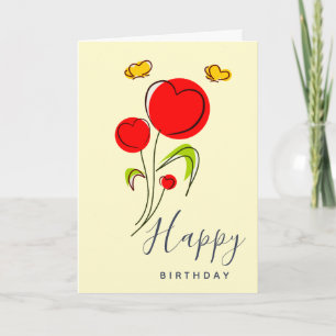 Cute Red Heart Flowers Illustration Birthday Card
