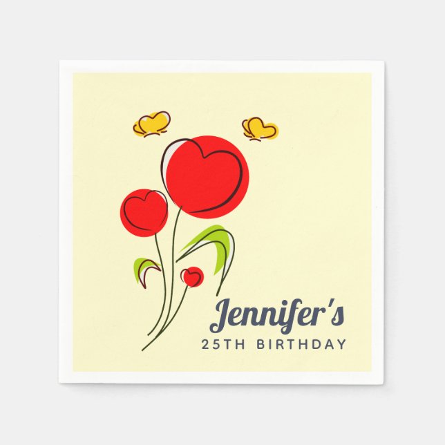 Cute Red Heart Flowers Illustration Birthday Napkin (Front)