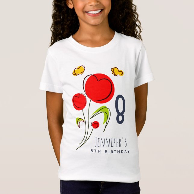 Cute Red Heart Flowers Illustration Birthday T-Shirt (Front)