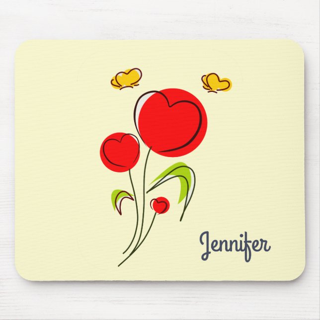 Cute Red Heart Flowers Illustration Mouse Pad (Front)