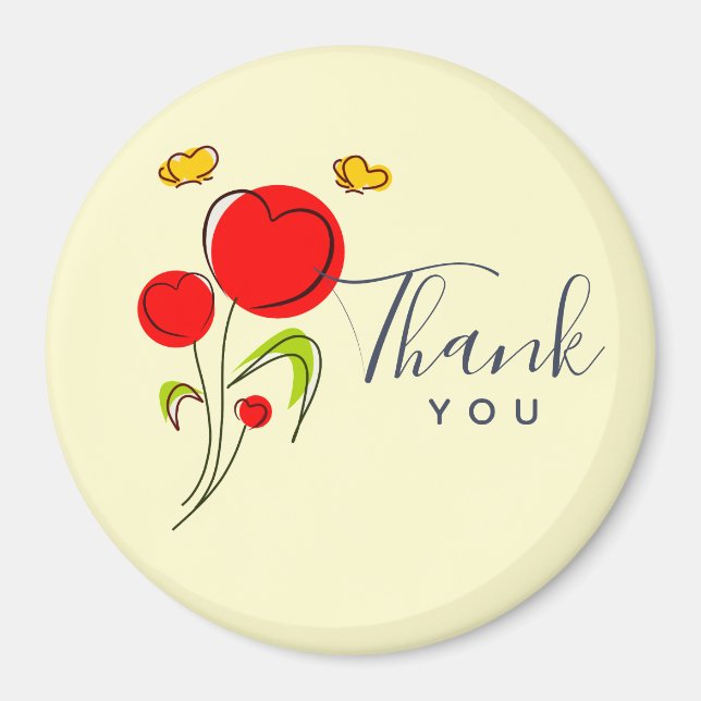 Cute Red Heart Flowers Illustration Thank You Magnet (Front)