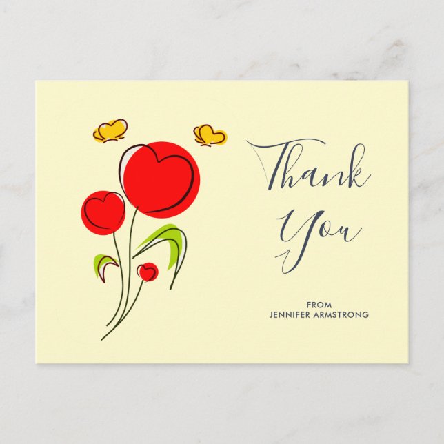 Cute Red Heart Flowers Illustration Thank You Postcard (Front)