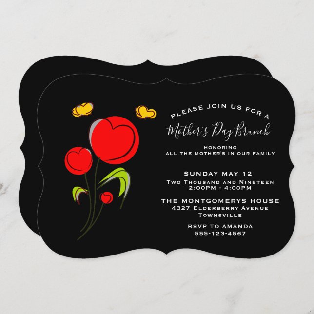 Cute Red Heart Flowers Mother's Day Brunch Invitation (Front/Back)